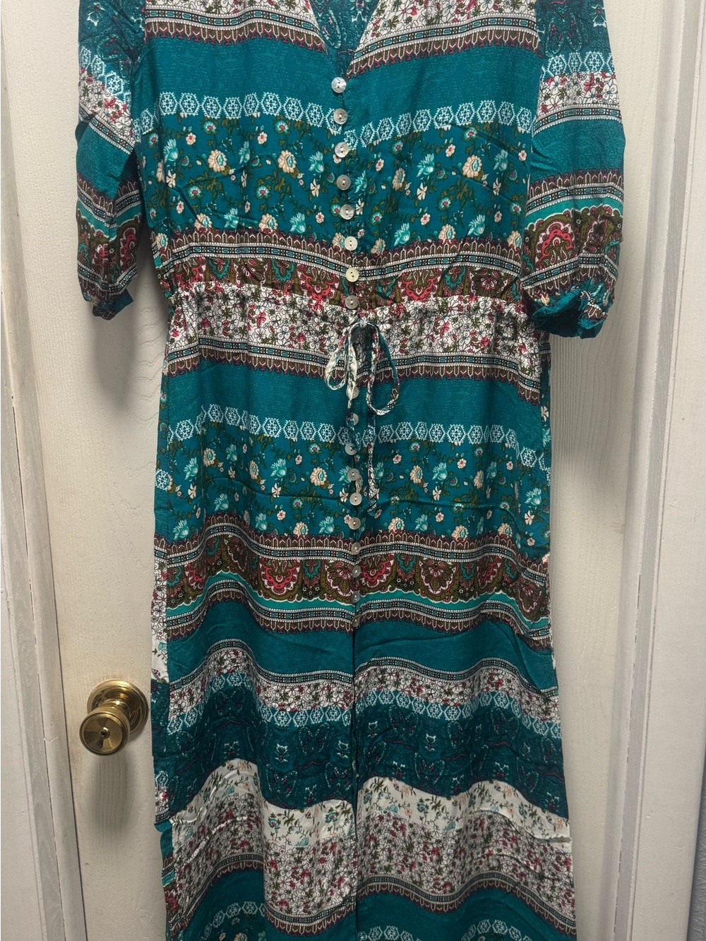Boho Teal Floral Button-Front Maxi Dress with Tie Waist